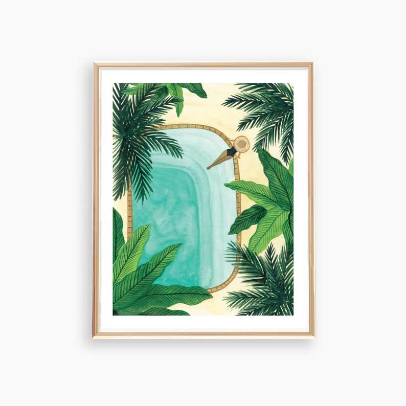 Tropical Pool Art Print Botanical Art Print Wall Art Watercolor Painting 8x10 Art Print Wall Decor Garden Art image 1