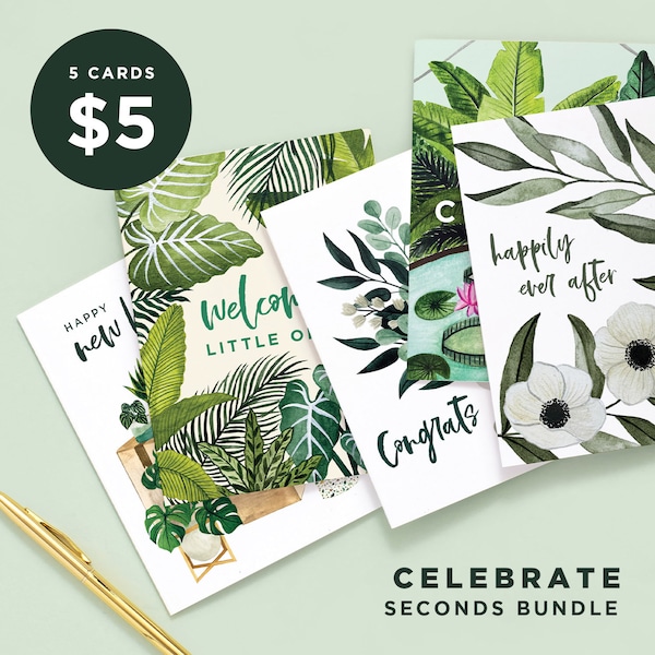 5 for 5 Celebrate Greeting Cards  |  Mystery 5 Pack Greeting Cards  |  Seconds Sale Grab Bag Cards  |  Slightly Imperfect Card Bundle