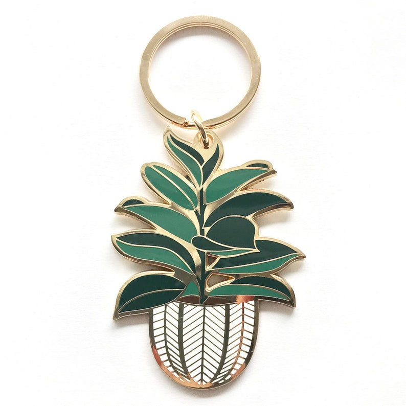 Rubber Tree Enamel Keychain Cute Plant Keychain Planter Keychain Key Fob Key Ring Gift for Her Plant Lady Accessory Gardener image 2