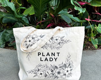 Plant Lady Canvas Tote Bag | Blumen Illustration Canvas Tasche | Pflanzentasche | Markttasche aus Canvas | Große Einkaufstasche aus Canvas