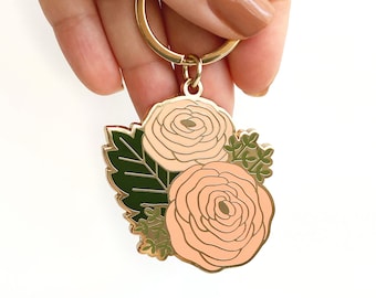 Michelle Ranunculus Enamel Keychain | Cute Flower Keychain | Plant Keychain | Key Ring | Key Fob | Gift for Gardener | Keychains