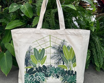 Tropical Conservatory Tote Bag | Conservatory Illustration Canvas Bag | Conservatory Tote Bag | Canvas Market Bag | Large Canvas Tote Bag