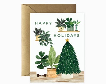 Holiday Plant Shelf Greeting Card |Tropical Christmas Card | Plant Lover Holiday Card | Plant Lover Snowglobe Card | Holiday Card