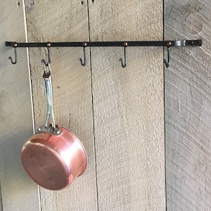 May include: A black metal pot rack with five hooks, mounted on a wood wall. A copper pot hangs from one of the hooks.