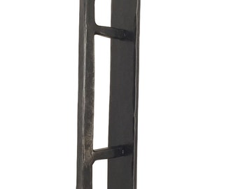 May include: Black metal door handle with a rectangular backplate. The handle is a simple, straight design with a slight curve at the top.