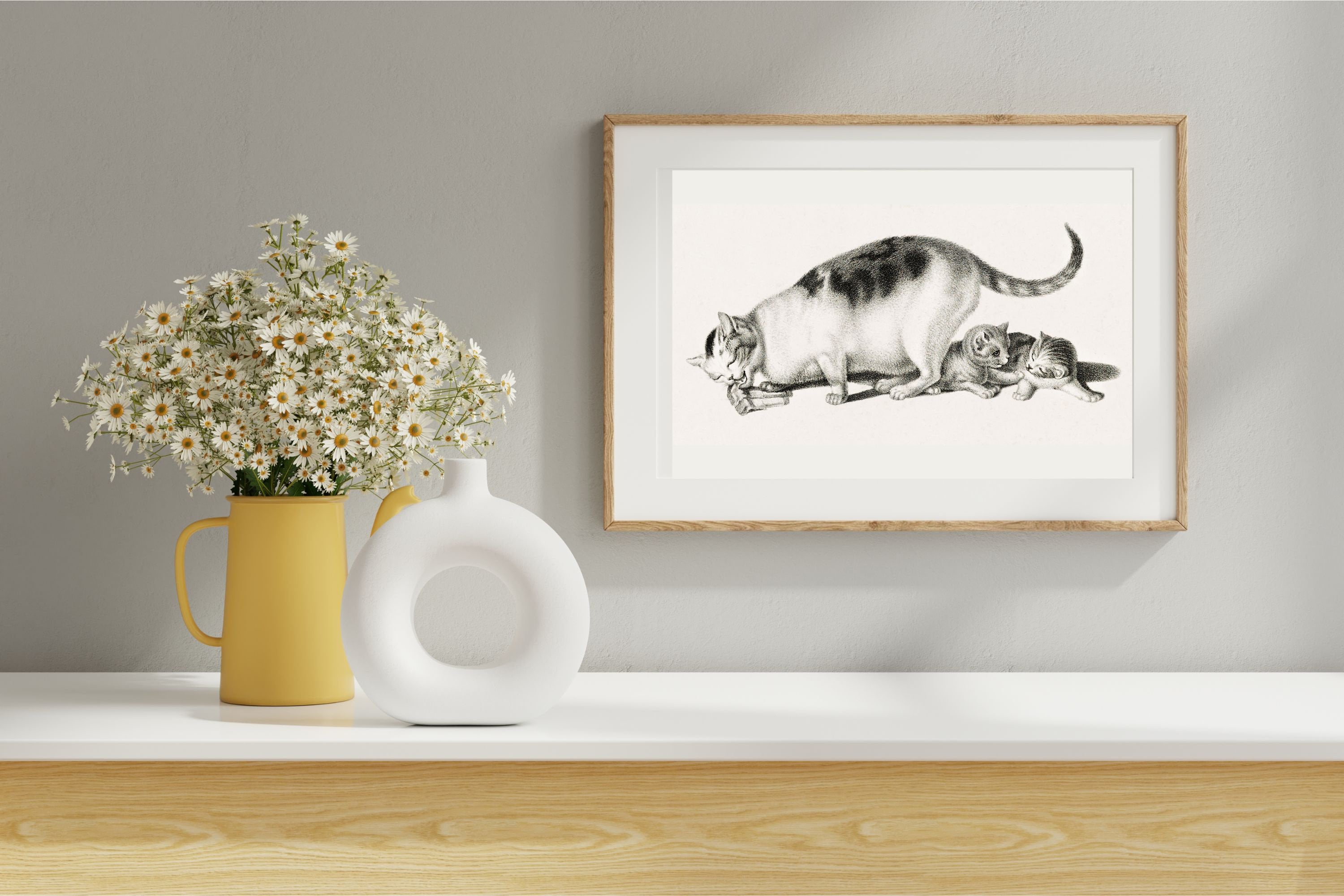 PRINTABLE Black and White Kittens Drawing Wall Art, Antique Cat Sketch ...