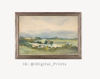 May include: A watercolor painting of a landscape with a river, trees, and a small village in the distance. The sky is cloudy and the colors are muted.