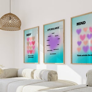 Blue Gradient AURA poster Set Of 3, PRINTABLE wall art, spiritual Decor, aura decor, pastel heart print, life balance INSTANT download AP056