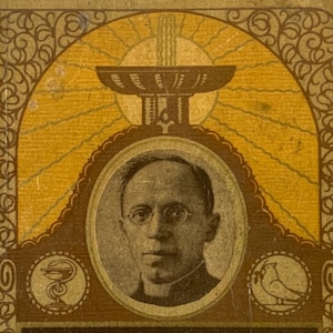 May include: A vintage-style rectangular print featuring a central oval portrait of a person wearing round glasses. Above the portrait is a dark brown fountain illustration against a yellow sunburst background. Two small circular icons flank the portrait.