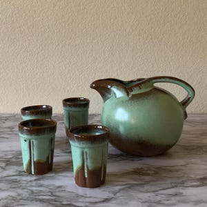 Frankoma Prairie Green Ball Pitcher and Juice Cups, Mid Century Drip Glaze Pottery Set