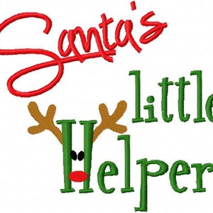 May include: Red and green embroidery design with the text "Santa's little helper" and a reindeer with brown antlers.