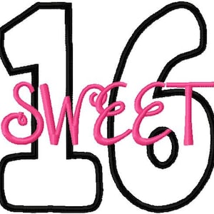 Puede incluir: Contorno negro de los números 16 con la palabra "sweet" en letra cursiva rosa.