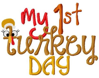 Fall Thanksgiving Embroidery GIRL Design My First Turkey Day My 1st Thanksgiving Embroidery Design Digital Instant Download 4x4 and 5x7