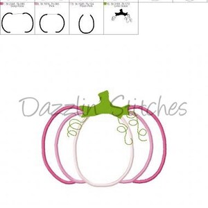May include: A pink and white pumpkin with a green stem and vine. The pumpkin is outlined in pink and has a white centre. The vine is curled and has a green leaf.