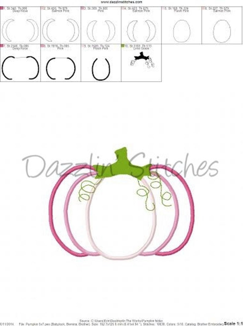 May include: A pink and white pumpkin with a green stem and vine. The pumpkin is outlined in pink and has a white centre. The vine is curled and has a green leaf.