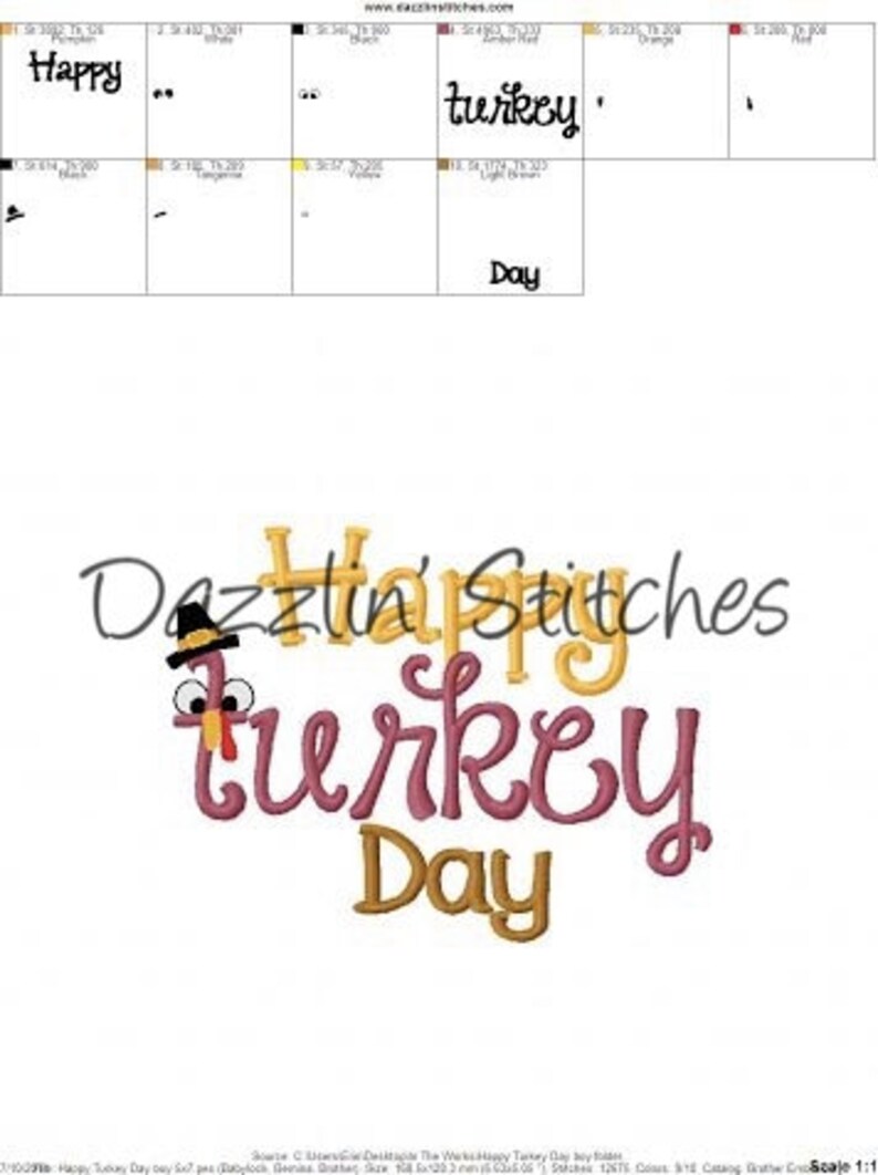 May include: A digital design featuring the words "Happy Turkey Day" in a whimsical font. The word "turkey" is in a script style, with a turkey face incorporated into the design. The text is in shades of gold, pink, and brown.