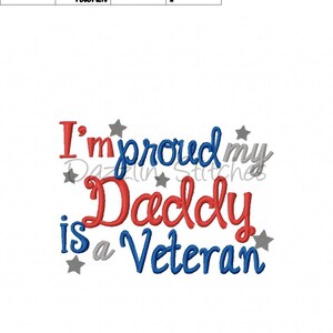 May include: Embroidered design that says "I'm proud my Daddy is a Veteran" in red, blue, and gray lettering with silver stars.