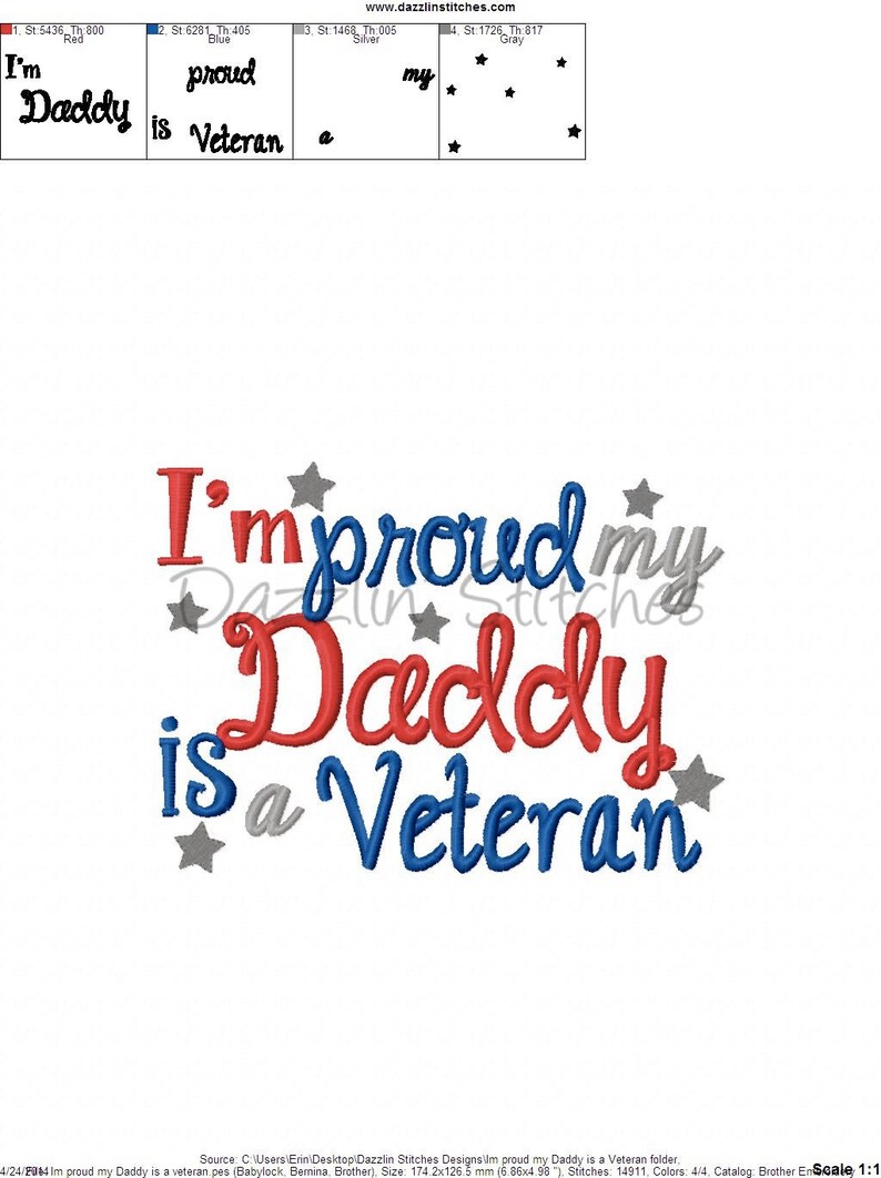 May include: Embroidered design that says "I'm proud my Daddy is a Veteran" in red, blue, and gray lettering with silver stars.
