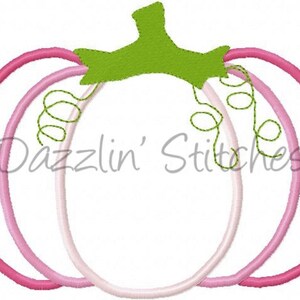 May include: A pink and white pumpkin with a green stem. The pumpkin is outlined in pink and has a white centre. The stem is a simple green shape.