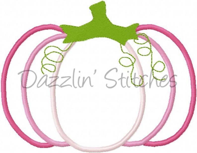 May include: A pink and white pumpkin with a green stem. The pumpkin is outlined in pink and has a white centre. The stem is a simple green shape.