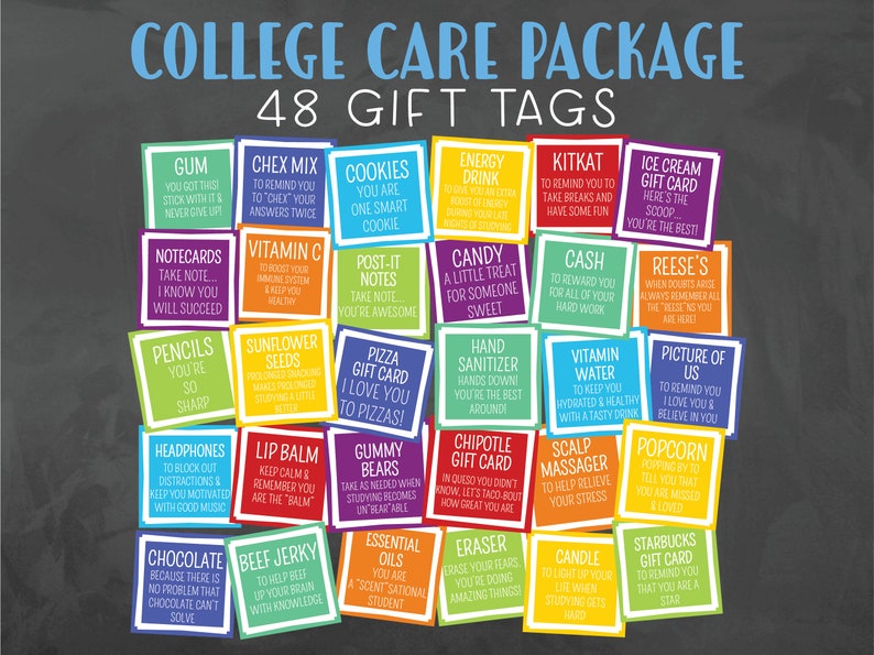 May include: A colorful set of 48 gift tags with various phrases and designs, perfect for a college care package. The tags feature a variety of themes, including food, school supplies, and self-care.