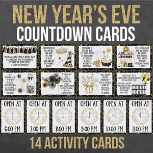 Kaarten met afteltijd en activiteiten op oudejaarsavond - aftelklokken voor oudejaarsavond - spellen voor oudejaarsavond - kinderfeestje - NYE Printables