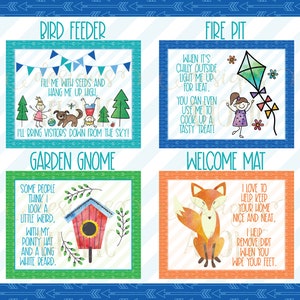 May include: Four illustrated cards with a blue, green, orange, and red background. Each card features a different outdoor item with a short description. The first card shows a bird feeder with the text "Fill me with seeds and hang me up high. I'll bring visitors down from the sky!" The second card shows a fire pit with the text "When it's chilly outside light me up for heat. You can even use me to cook up a tasty treat!" The third card shows a garden gnome with the text "Some people think I look a little weird, with my pointy hat and a long white beard." The fourth card shows a welcome mat with the text "I love to help keep your home nice and neat. I help remove dirt when you wipe your feet."