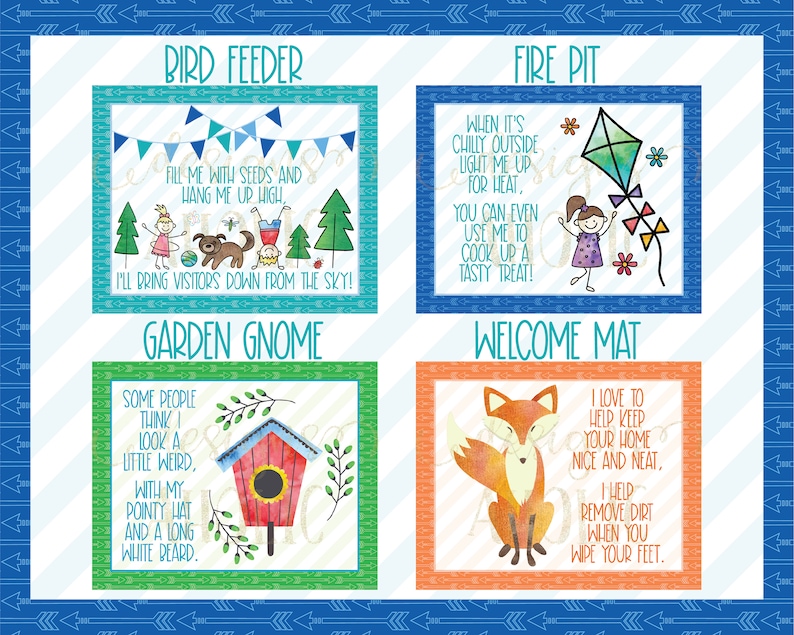 May include: Four illustrated cards with a blue, green, orange, and red background. Each card features a different outdoor item with a short description. The first card shows a bird feeder with the text "Fill me with seeds and hang me up high. I'll bring visitors down from the sky!" The second card shows a fire pit with the text "When it's chilly outside light me up for heat. You can even use me to cook up a tasty treat!" The third card shows a garden gnome with the text "Some people think I look a little weird, with my pointy hat and a long white beard." The fourth card shows a welcome mat with the text "I love to help keep your home nice and neat. I help remove dirt when you wipe your feet."