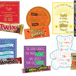 Puede incluir: Una colecci&oacute;n de carteles motivacionales coloridos y barras de chocolate, incluyendo Twix, Reese's Pieces, Mounds y Now and Later. Los carteles presentan citas inspiradoras sobre la luz, el testimonio y tomar buenas decisiones.