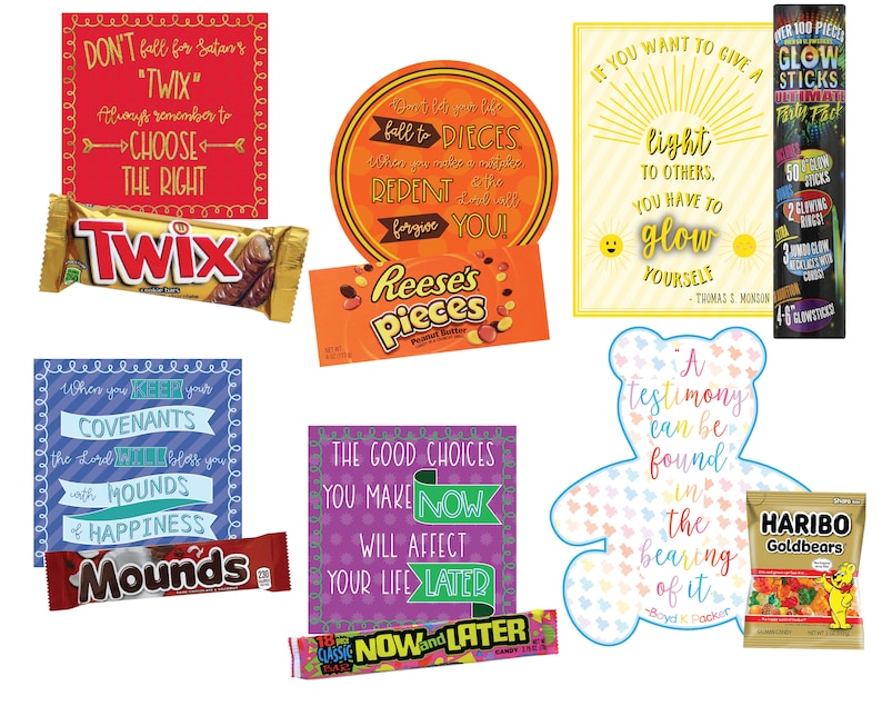 Puede incluir: Una colecci&oacute;n de carteles motivacionales coloridos y barras de chocolate, incluyendo Twix, Reese's Pieces, Mounds y Now and Later. Los carteles presentan citas inspiradoras sobre la luz, el testimonio y tomar buenas decisiones.