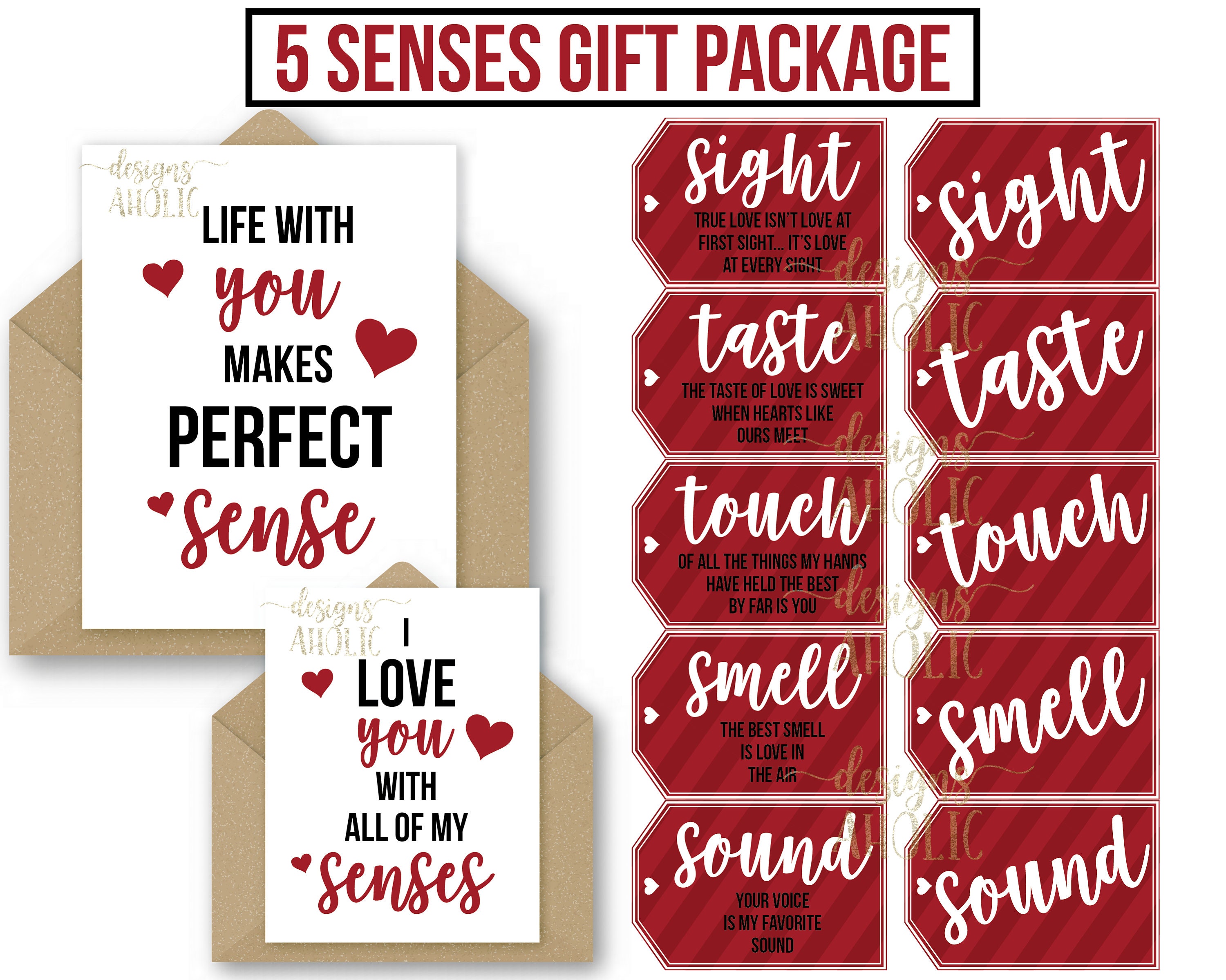 Personalised Five 5 Senses Card & Gift Bags Valentines Gift Birthday Christmas 