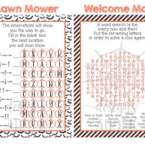 May include: A printable Halloween game with two activities: a word search puzzle with the words "Trick or Treat", "Candy Corn", "Ghost", "Spider Web", "Broom", "October", "Mummy", "Monster", "Pat", "Black Cat", "Pumpkin", "Spooky", "Costumes", "Haunted", "Spell", "Vampires", "Witch" and a word scramble puzzle with the letters "BSFVR", "MTALI", "COEOM", "GZLWR", "OHNDO", "WRLYE", "MOAJW", "RUNPX".