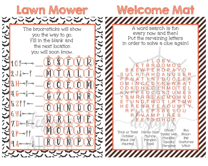 May include: A printable Halloween game with two activities: a word search puzzle with the words "Trick or Treat", "Candy Corn", "Ghost", "Spider Web", "Broom", "October", "Mummy", "Monster", "Pat", "Black Cat", "Pumpkin", "Spooky", "Costumes", "Haunted", "Spell", "Vampires", "Witch" and a word scramble puzzle with the letters "BSFVR", "MTALI", "COEOM", "GZLWR", "OHNDO", "WRLYE", "MOAJW", "RUNPX".