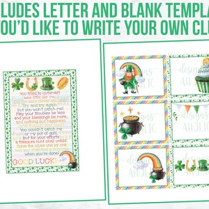 K&ouml;nnte beinhalten: Ein druckbares St. Patrick's Day-Schnitzeljagdspiel mit einem Brief und einer leeren Vorlage. Der Brief enth&auml;lt ein Gedicht &uuml;ber einen Kobold und einen Topf mit Gold. Die Vorlage hat vier Felder mit Bildern eines Kobolds, eines Topfes mit Gold, eines Cupcakes und eines Regenbogens.