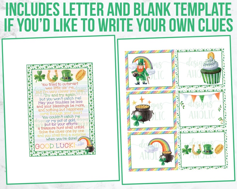 K&ouml;nnte beinhalten: Ein druckbares St. Patrick's Day-Schnitzeljagdspiel mit einem Brief und einer leeren Vorlage. Der Brief enth&auml;lt ein Gedicht &uuml;ber einen Kobold und einen Topf mit Gold. Die Vorlage hat vier Felder mit Bildern eines Kobolds, eines Topfes mit Gold, eines Cupcakes und eines Regenbogens.