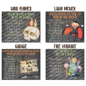May include: Four illustrated Halloween-themed signs with spooky messages and images. The signs are on a black and white striped background. The signs are titled: Wind Chimes, Lawn Mower, Garage, and Fire Hydrant.