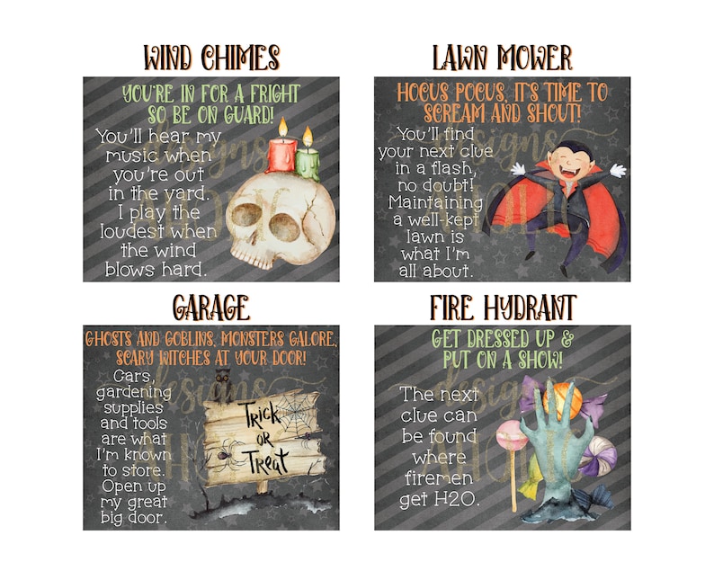 May include: Four illustrated Halloween-themed signs with spooky messages and images. The signs are on a black and white striped background. The signs are titled: Wind Chimes, Lawn Mower, Garage, and Fire Hydrant.