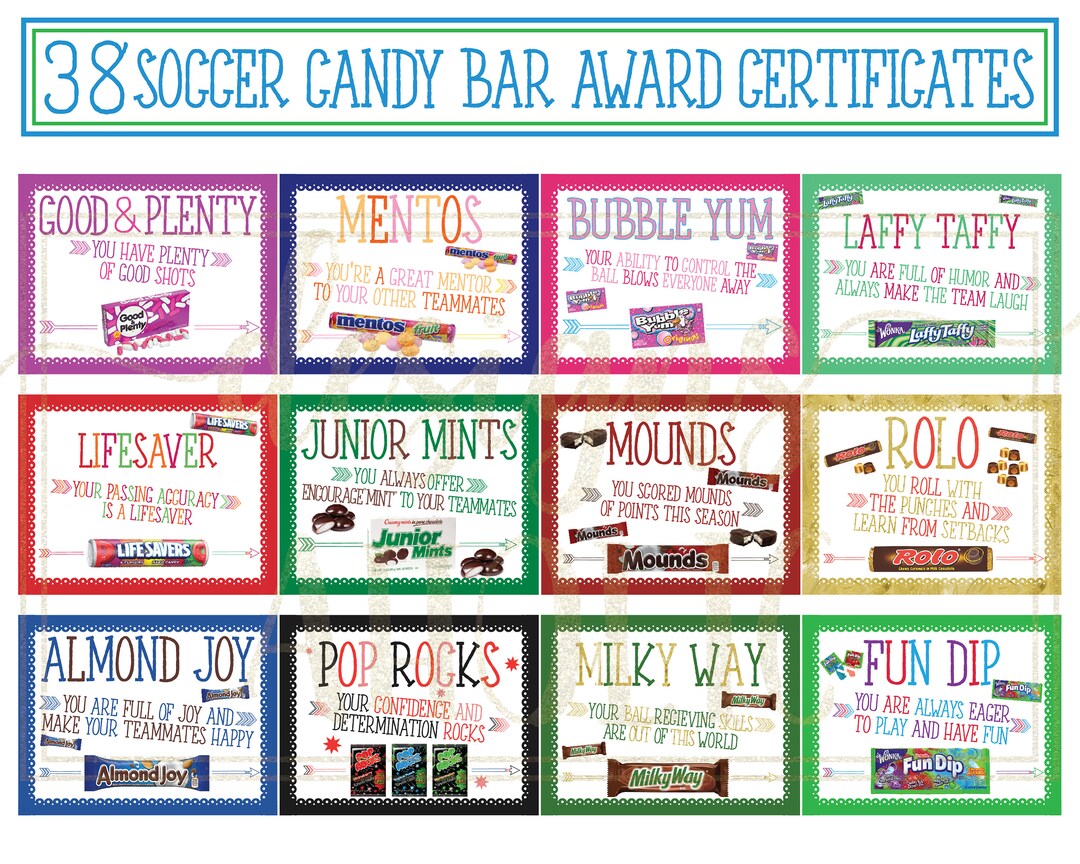 38 Soccer Team Candy Bar Award Certificates Soccer Candy Bar Etsy