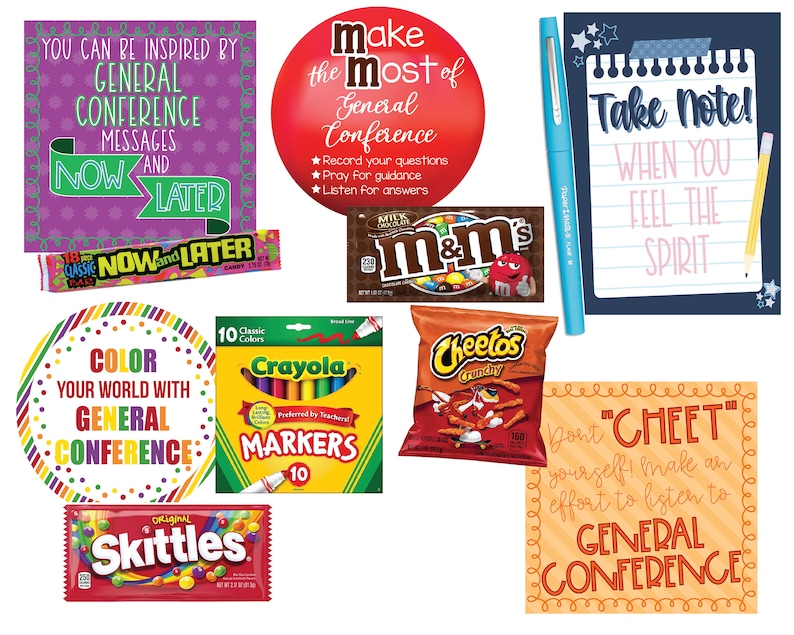 May include: A collection of colorful items for a General Conference activity kit. The kit includes candy, markers, a notepad, and inspirational messages.