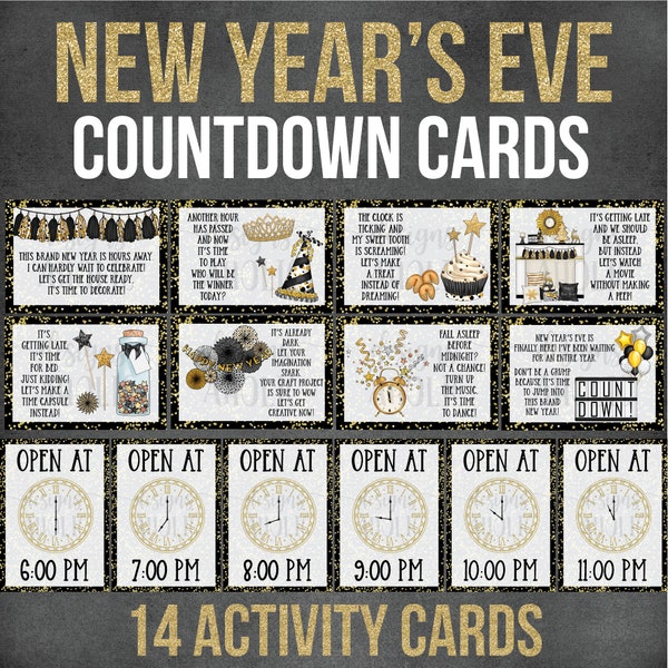 New Years Eve Countdown Time and Activity Cards - New Years Eve Countdown Clocks - New Years Eve Games - NYE Kids Party - NYE Printables