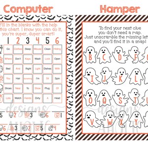 Op de afbeelding: Een printbaar Halloween-spel voor kinderen. Het spel bevat een tabel met afbeeldingen en woorden om te helpen een woordpuzzel op te lossen. Het tweede deel van het spel is een spookvormige alfabetpuzzel.