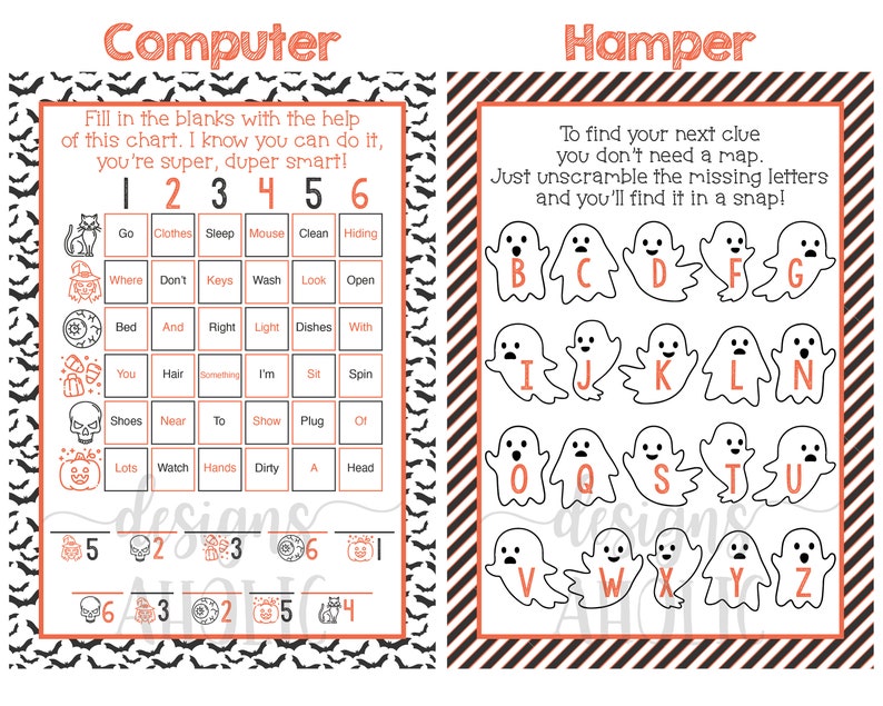 Op de afbeelding: Een printbaar Halloween-spel voor kinderen. Het spel bevat een tabel met afbeeldingen en woorden om te helpen een woordpuzzel op te lossen. Het tweede deel van het spel is een spookvormige alfabetpuzzel.