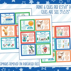 May include: A printable set of 18 colorful clue cards featuring woodland animals, a bird, a house, a watering can, a kite, and a number grid. The cards are designed for a scavenger hunt and measure 3 inches by 3.75 inches. The text on the cards reads "Print 6 clues per 8.5"x11" page. Clues are size 3"x3.75"