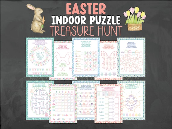 Indoor Puzzle Easter Treasure Hunt - Easter Puzzle Scavenger Hunt - Puzzle Easter Treasure Hunt Clues - Easter Basket Hunt - Easter Riddles