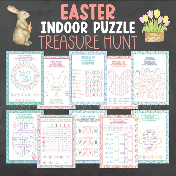 Indoor Puzzle Easter Treasure Hunt - Easter Puzzle Scavenger Hunt - Puzzle Easter Treasure Hunt Clues - Easter Basket Hunt - Easter Riddles