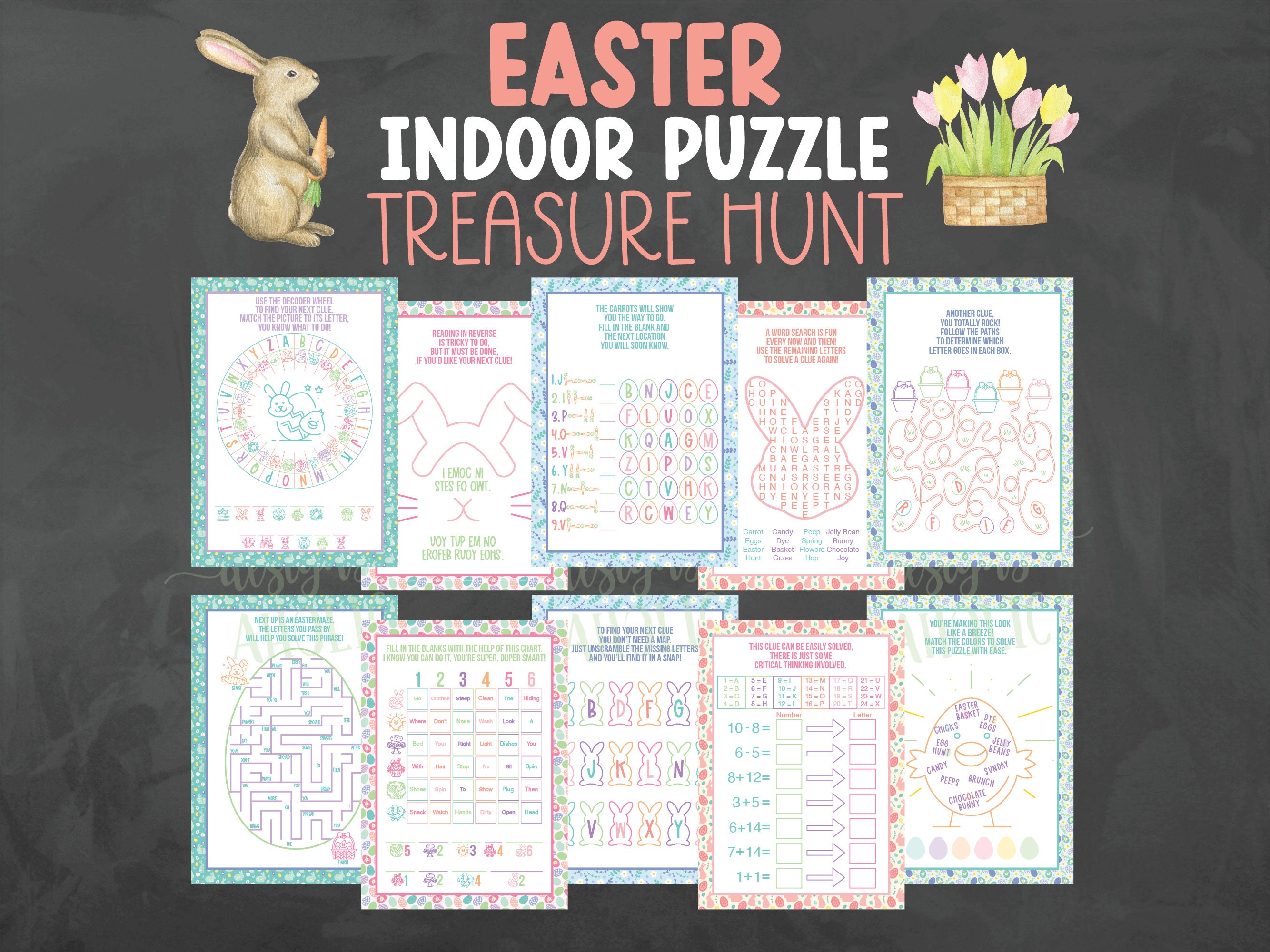 Indoor Puzzle Easter Treasure Hunt - Easter Puzzle Scavenger Hunt - Puzzle Easter Treasure Hunt Clues - Easter Basket Hunt - Easter Riddles
