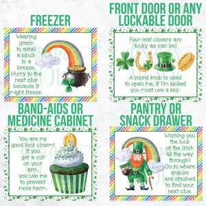 K&ouml;nnte beinhalten: Vier druckbare Karten mit einem Regenbogenrand und einem St. Patrick's Day-Thema. Jede Karte hat einen anderen Ort, um einen Hinweis f&uuml;r eine Schnitzeljagd zu verstecken. Die Orte sind: Gefrierschrank, Medikamentenschrank, Haust&uuml;r und Speisekammer. Die Karten haben Illustrationen von einem Topf Gold, einem Cupcake, einem Hufeisen und einem Kobold.