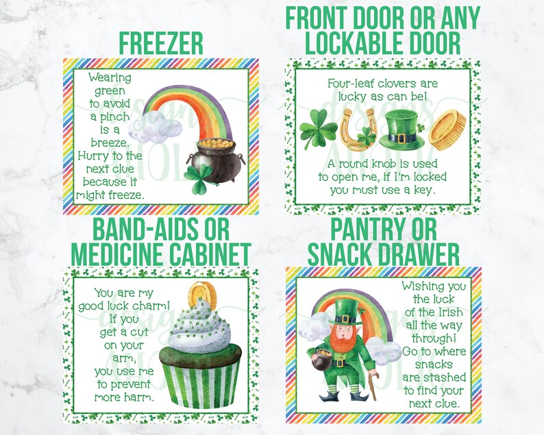 K&ouml;nnte beinhalten: Vier druckbare Karten mit einem Regenbogenrand und einem St. Patrick's Day-Thema. Jede Karte hat einen anderen Ort, um einen Hinweis f&uuml;r eine Schnitzeljagd zu verstecken. Die Orte sind: Gefrierschrank, Medikamentenschrank, Haust&uuml;r und Speisekammer. Die Karten haben Illustrationen von einem Topf Gold, einem Cupcake, einem Hufeisen und einem Kobold.