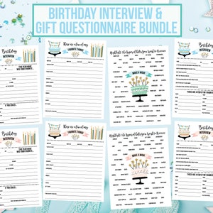 Pacchetto intervista di compleanno e questionario regalo; Stampabili di compleanno; Intervista sul compleanno di adulti e bambini; Questionari sui regali maschili e femminili