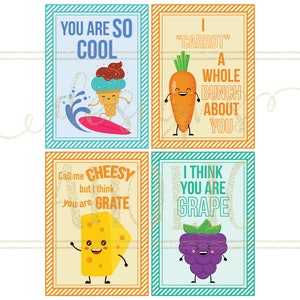 Peut inclure: Quatre affiches color&eacute;es avec des jeux de mots sur les aliments. L'une pr&eacute;sente un cornet de glace surfant avec le texte "You are so cool." Une autre montre une carotte avec le texte "I carrot a whole bunch about you."